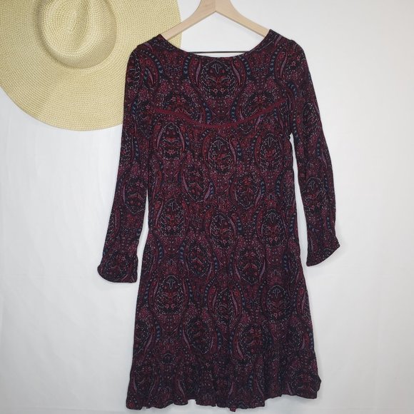 American Eagle Drop Waist Paisley Floral Dress S Maroon Burgundy Peasant Boho - Picture 4 of 10
